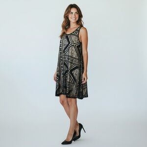 One World NWT Hi-Low Dress Aztec Print Large Black & Tan 2 Layer Print Women NEW